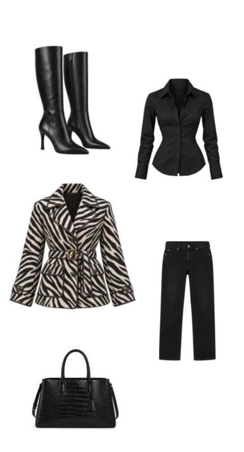 A black and white zebra-print belted jacket styled with black shirt, dark jeans, knee-high heeled boots, and a structured handbag.