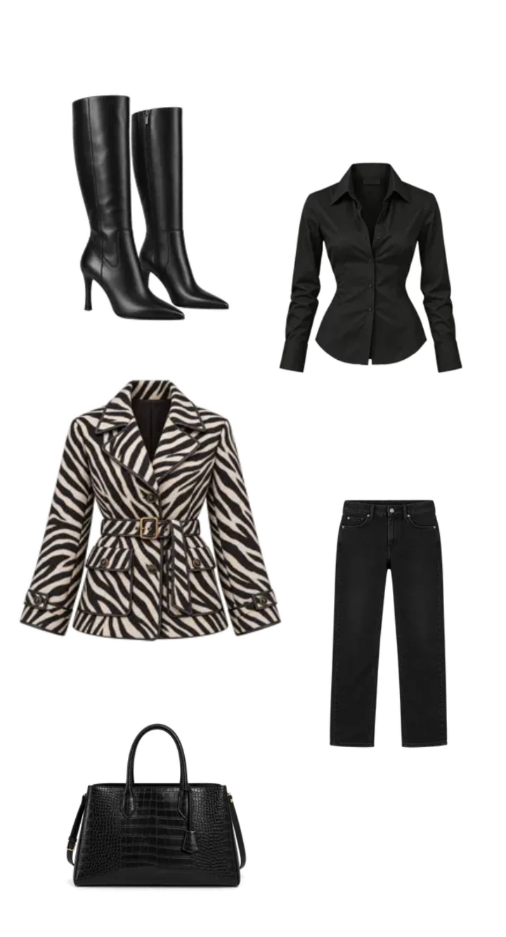 A black and white zebra-print belted jacket styled with black shirt, dark jeans, knee-high heeled boots, and a structured handbag.