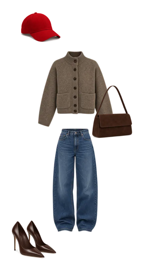 Fashion moodboard featuring a red baseball cap, taupe cardigan, relaxed blue jeans, brown shoulder bag and pointed-toe pumps.