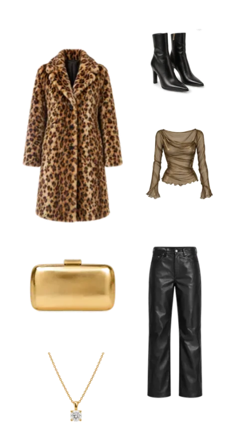 Leopard-print coat styled with black leather-look pants, pointed ankle boots, a taupe ruched top, gold clutch, and pendant necklace.