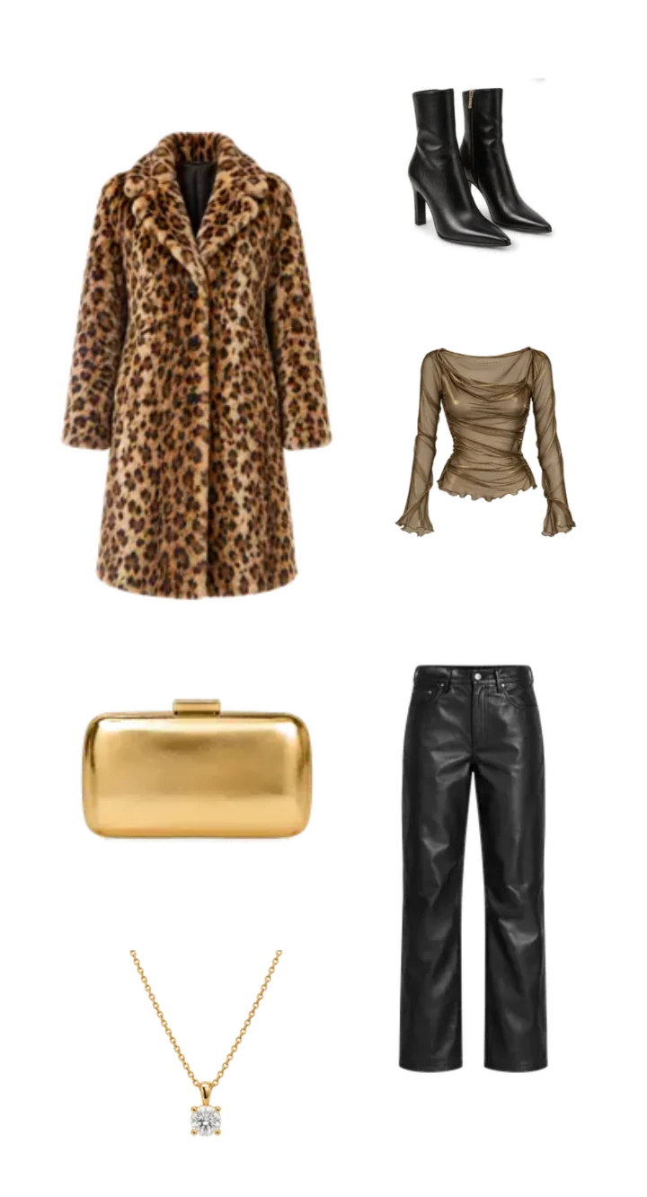 Leopard-print coat styled with black leather-look pants, pointed ankle boots, a taupe ruched top, gold clutch, and pendant necklace.