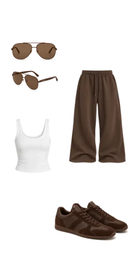 White tank top, brown wide-leg trousers, brown sneakers and tinted sunglasses arranged as a casual walking outfit.