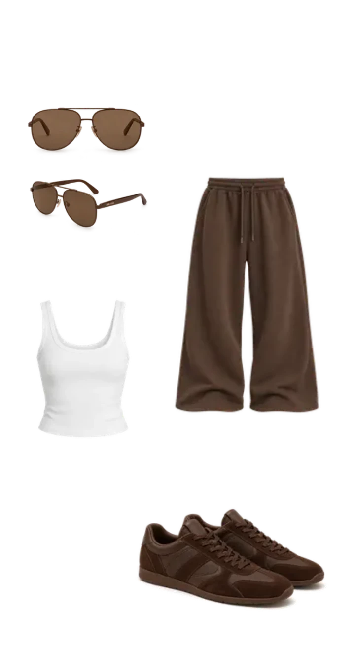 White tank top, brown wide-leg trousers, brown sneakers and tinted sunglasses arranged as a casual walking outfit.