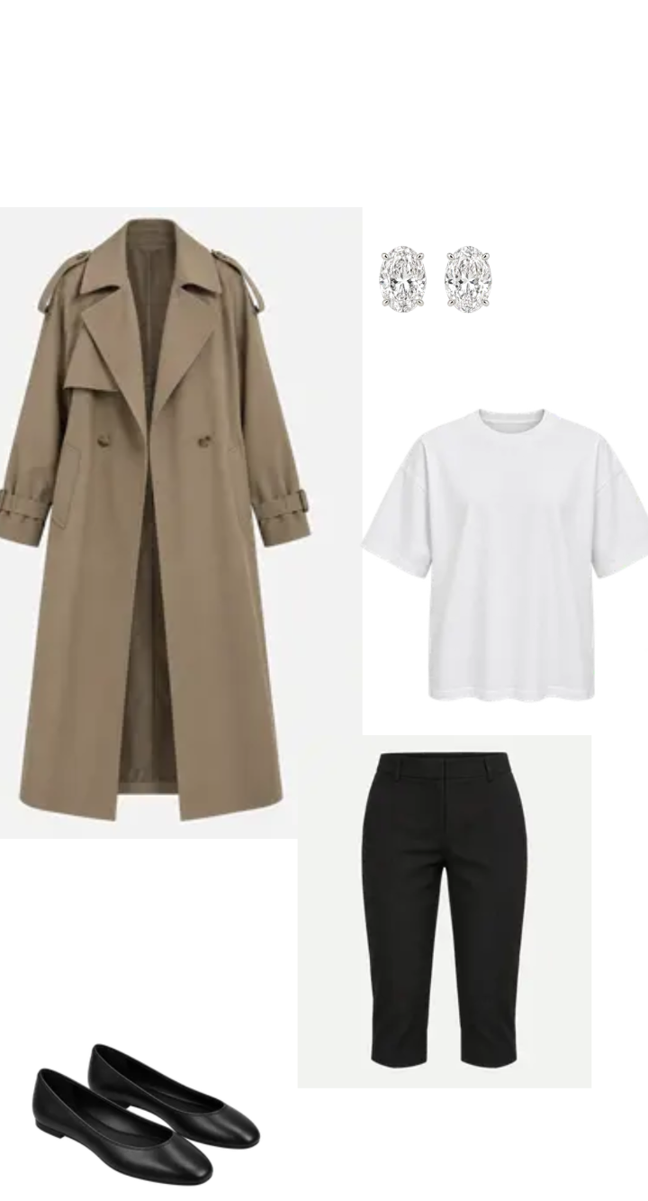 Beige trench coat styled with a white T-shirt, black trousers, black ballet flats and silver oval earrings.