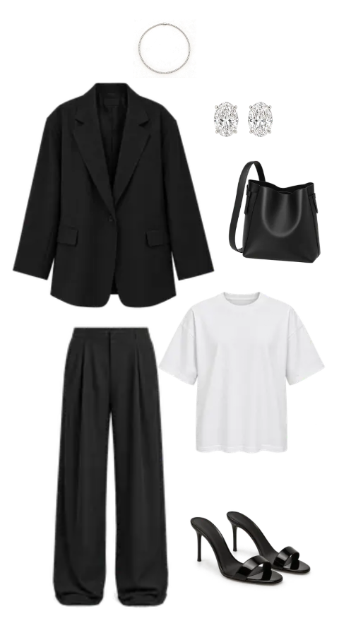Black blazer and wide-leg trousers styled with a white T-shirt, black heeled sandals, a shoulder bag and silver jewellery.