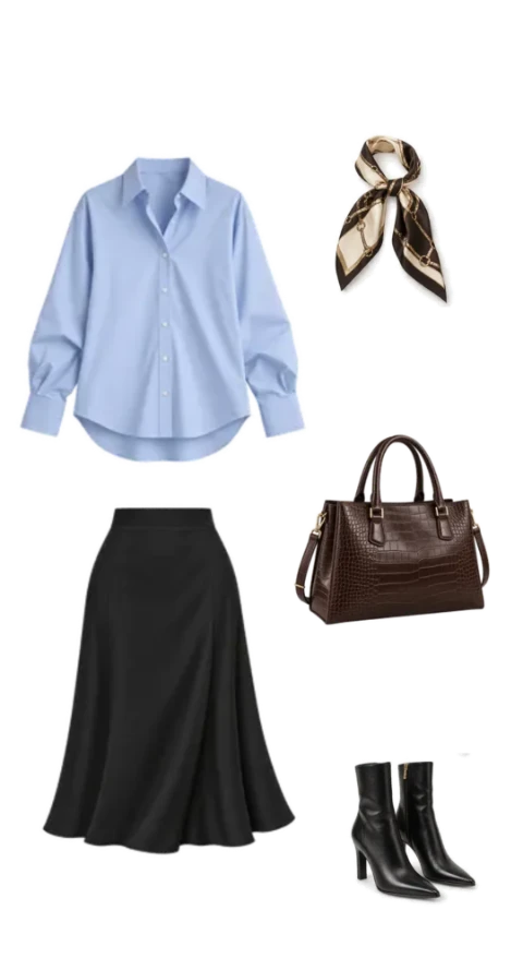 Office outfit moodboard with a relaxed pale blue shirt, flowing black midi skirt, patterned scarf, brown structured handbag and black pointed-toe heeled ankle boots.