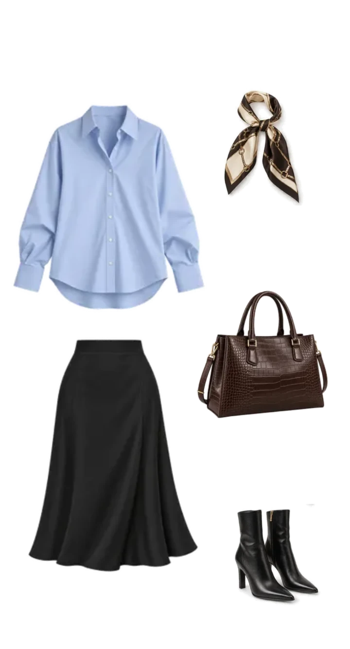 Office outfit moodboard with a relaxed pale blue shirt, flowing black midi skirt, patterned scarf, brown structured handbag and black pointed-toe heeled ankle boots.