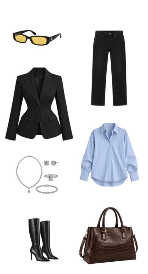 Fashion moodboard featuring a black blazer, black jeans, pale blue shirt, yellow-lens sunglasses, knee-high boots, jewellery and brown tote.
