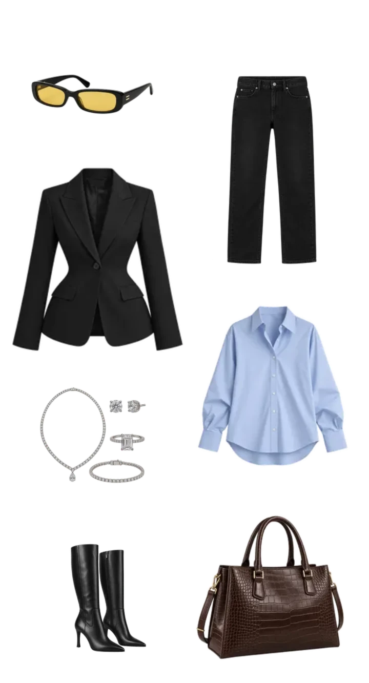 Fashion moodboard featuring a black blazer, black jeans, pale blue shirt, yellow-lens sunglasses, knee-high boots, jewellery and brown tote.
