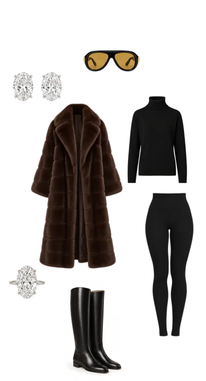Moodboard showing a brown textured coat, black turtleneck and leggings, tall boots, amber sunglasses, and silver jewellery.