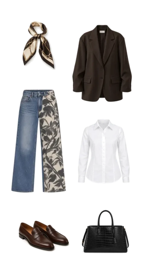 Dark blazer, white shirt, split-print jeans, brown loafers, patterned scarf and structured black handbag styled together.