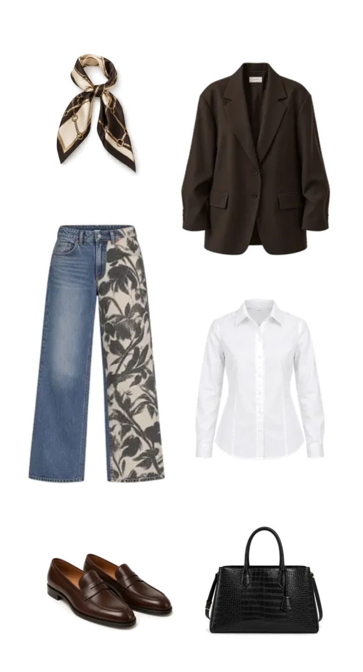 Dark blazer, white shirt, split-print jeans, brown loafers, patterned scarf and structured black handbag styled together.