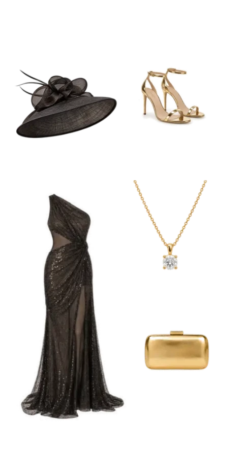 Black evening gown with a dramatic fascinator, gold strappy heels, pendant necklace and structured gold clutch for a formal occasion.