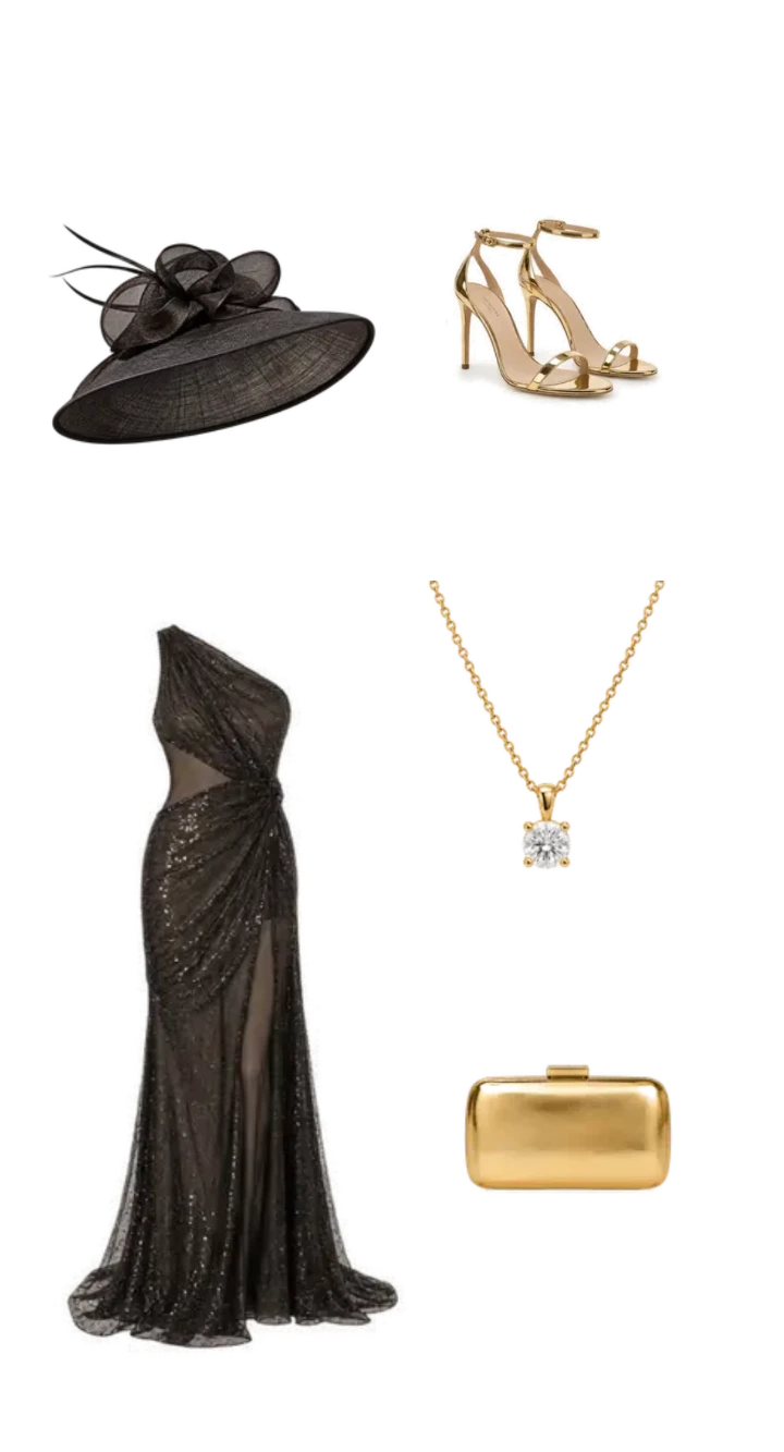 Black evening gown with a dramatic fascinator, gold strappy heels, pendant necklace and structured gold clutch for a formal occasion.