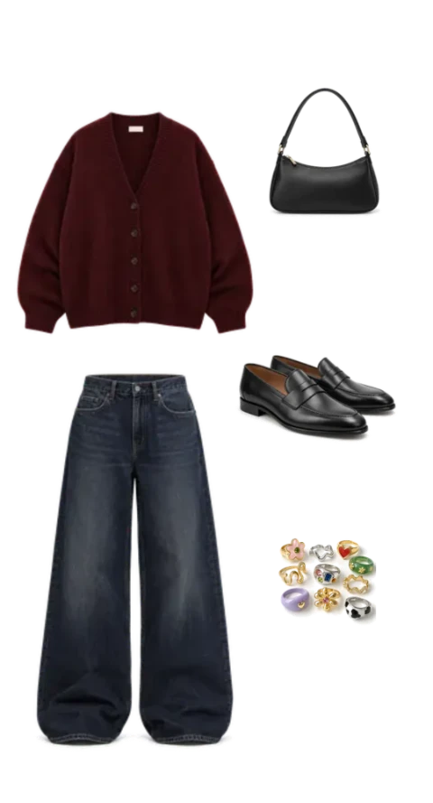 Burgundy cardigan styled with dark wide-leg jeans, black loafers, a shoulder bag, and colourful statement rings.
